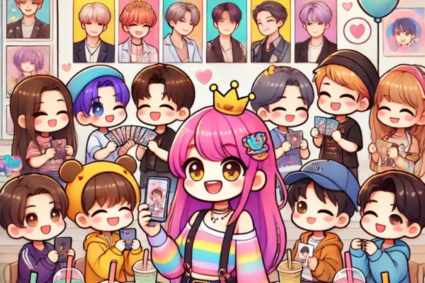 How to Plan a K-Pop Fan Event DALL·E 2025 04 21 11.14.58 A cute and colorful cartoon style illustration of a K pop fan event in a bubble tea cafe. The characters are anime inspired fans with vibrant hair col