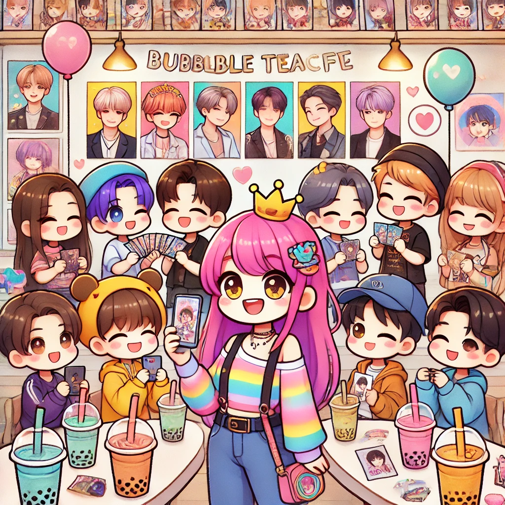 DALL·E 2025 04 21 11.14.58 A cute and colorful cartoon style illustration of a K pop fan event in a bubble tea cafe. The characters are anime inspired fans with vibrant hair col